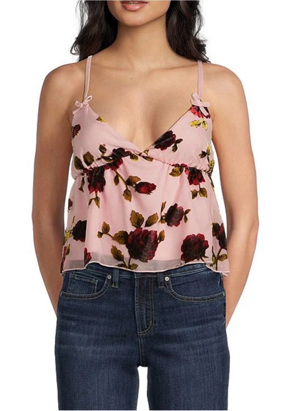 Evolutionary Floral Pink V-Neck Babydoll Spaghetti Strap Velvet Roses Camisole